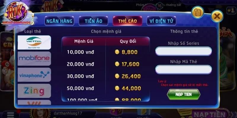 Nạp tiền bằng thẻ cào